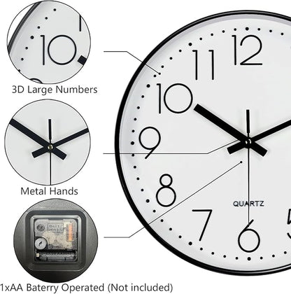Silent Wall Clocks Battery Operated 8 Inch, Analog Wall Clock with Oversized Number Tempered Glass Clock Face, Black Quartz Non Ticking Wall Clocks for Living Room Bedroom Kitchen Office