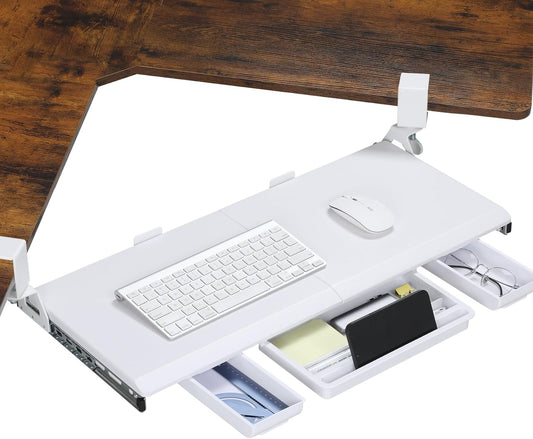 ETHU Keyboard Tray Under Desk, Ergonomic Corner Keyboard Tray with 180° Adjustable C Clamp for L Shape Desk 26.77" X 12.2" Easy to Install, Computer Keyboard Stand for Home and Office (White)