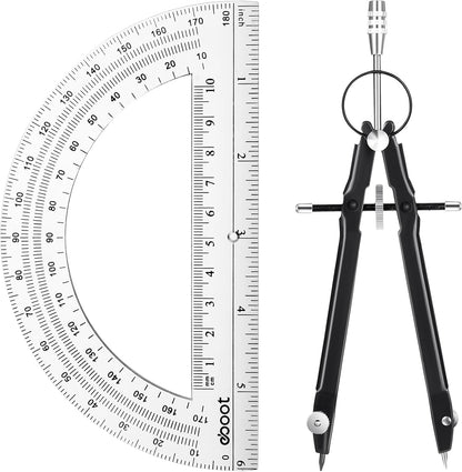EBOOT Student Geometry Math Set, Drawing Compass and 6 Inch Clear Swing Arm Protractors 180 Degree Math Protractor (Black)