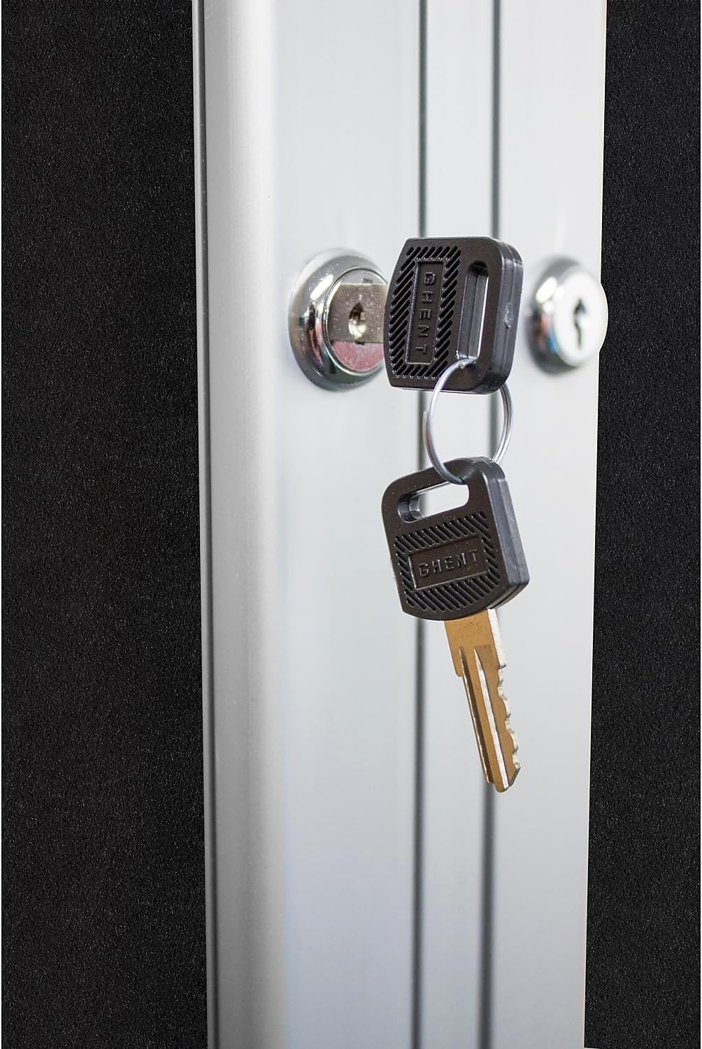 Ghent 48" x 60" 2-Door indoor Enclosed Recycled Rubber Bulletin Board, Shatter Resistant, with Lock, Satin Aluminum Frame,Confetti (PA245TR-CF),Made in the USA