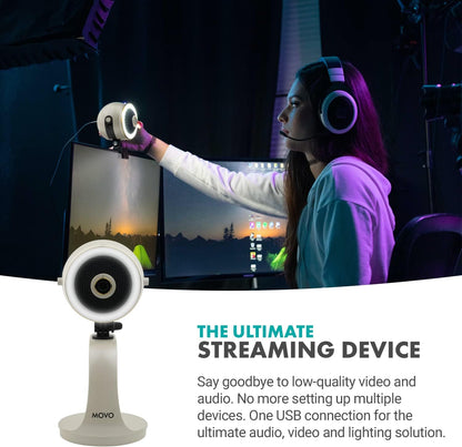Movo WebMic HD Pro All-in-One Webcam with Mic and Ring Light in Pearl White- 1080p HD Camera, Pro Cardioid Condenser Microphone, LED Ring Light -HD Webcam For Streaming, Video Calls, Recording, Gaming