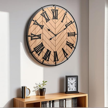 30 Inch Large Wooden Wall Clock – Extra Large FarmhouseWall Clock with 3D Roman Numerals & Herringbone Splicing, Brown Modern Wood Wall Clock for Living Room