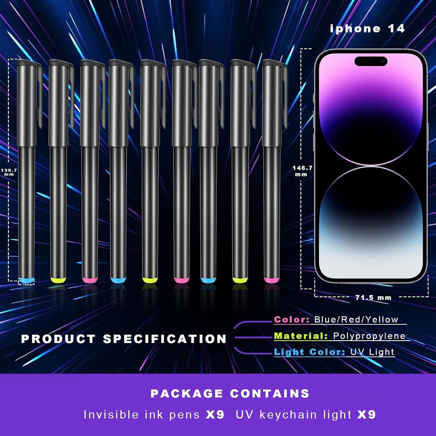 Invisible Ink Pen, Spy Pen with 9 PCS Mini UV LED Keychain Flashlight, Disappearing Ink Magic Pens with Black Light Markers for Secret Notes, Fit for Christmas Halloween Holiday Gifts (9 PCS)