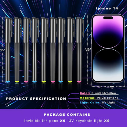 Invisible Ink Pen, Spy Pen with 9 PCS Mini UV LED Keychain Flashlight, Disappearing Ink Magic Pens with Black Light Markers for Secret Notes, Fit for Christmas Halloween Holiday Gifts (9 PCS)