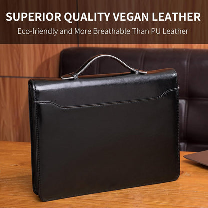 Vegan Leather Portfolio with Hidden Handle, Front Pocket, Business Padfolio Tablet/13” Laptop Organizer, Folio Document Cell Phone Holder, Professional Executive Folder, Black