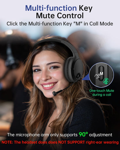 Wireless Headset with Mic for Work up to 40H Talk Time, Over-Ear Foldable Bluetooth Wireless Headset with AI Noise Cancelling Mic, Bluetooth V5.3 & USB Dongle & Mic Mute for Home Office (Black)