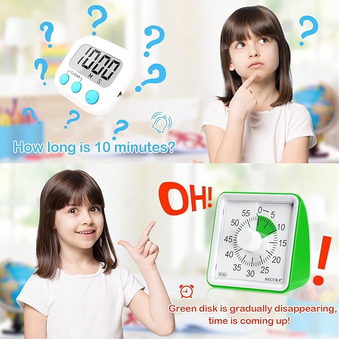 Secura 60-Minute Visual Timer, Classroom Timer, Countdown Timer for Kids and Adults, Time Management Tool for Teaching (Green & Green)