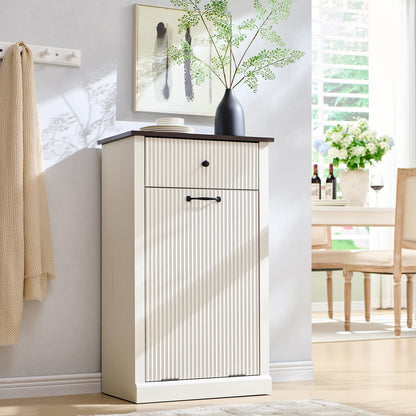 Modern Tilt-Out Trash Can Cabinet, 10 Gallon Fluted Laundry Hamper Cabinet with Drawers, Wooden Hidden Garbage Can Cabinets with Storage Basket, Free Standing for Kitchen and Living Room, White