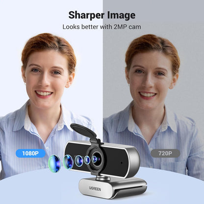 UGREEN Full HD 1080P Webcam with Microphone, 2 Noise-Canceling Mics, 85° Fov & Fixed Focus, Plug and Play, Auto Light Correction, Privacy Cover PC Camera for Zoom/Skype/Teams, Switch 2, Silver Gray