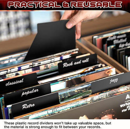Facmogu 20PCS Vinyl Record Dividers, 12 Inches LP Album Dividers, Plastic 33 RPM Record Divider, 1 Inch Large Tab DIY LP Album Separators, Blank Separators Card for Records Album Storage - Black