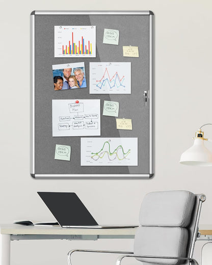 38"x28" Enclosed Bulletin Board, Lockable Weather-Resistant Aluminum Cork Noticeboard for School & Office, Silver Frame w/Grey Flet