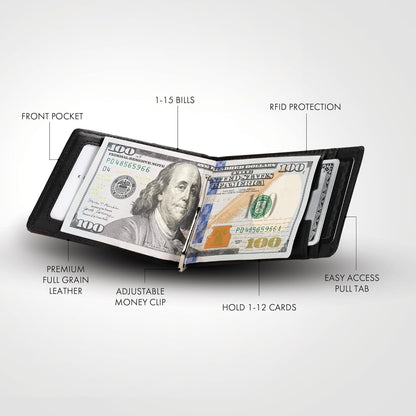 Kings Loot Money Clip Slim Minimalist Wallet for Men – RFID Blocking Leather Design with Money Clip – Front Pocket Bifold Holds 12 Cards – Stylish & Compact Wallets (Black)