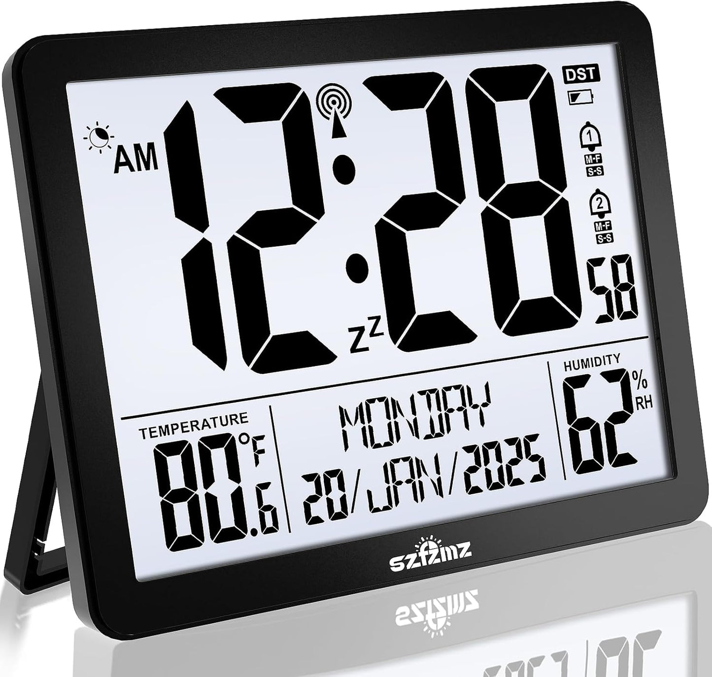 Atomic Digital Wall Clock Battery Operated with Backlight, Desk Clocks with Indoor Temperature & Humidity, 8.5" Small Alarm Clock with Date and Day of Week for Bedrooms, Living Room, Auto DST, Black