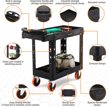 ELAFROS Heavy Duty Plastic Utility Cart 41.3 x 17 Inch - Ergonomic Handle Work Cart Storage W/Deep Shelves and 2 Fixed 2 Swivel Wheels Safely Holds up to 550 lbs - 2 Tier Service Cart with 6" Wheels