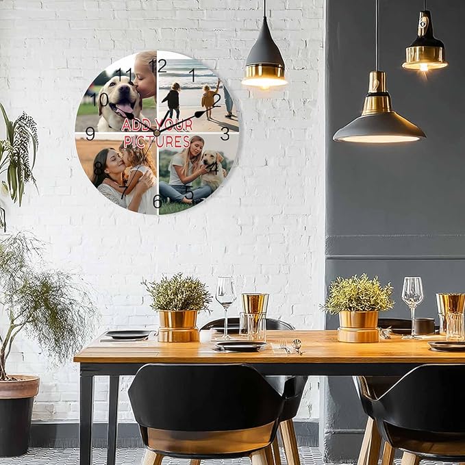 Custom 4 Picture Wall Clock, Personalized Round Clock add Your Photo for Kitchen Bedroom Living Room, Customized Christmas Valentine's Day Gift for Couples, Wife, Husband (10", 12", 14")