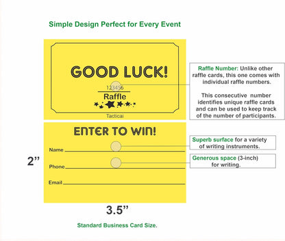 Tacticai 250 Raffle Tickets, Yellow (1 of 8 Colors), Raffle Cards, Entry Form with Name, Phone & Email for Events, Fundraiser & Prizes