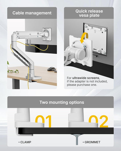 monTEK Heavy-Duty Monitor Arm for 17-57" Ultrawide Curved Screen, Supports up to 59.4 lbs, Adjustable Gas Spring Arm, 75/100 VESA Mount, Clamp & Grommet Desk Monitor Mount Single, White