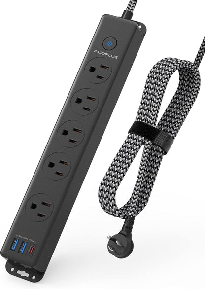 Surge Protector Power Strip with USB C Ports, 10FT Braided Extension Cord, 5 Outlets and 3 USB Ports(1 USB C), AUOPLUS Mountable Power Strips Flat Plug with Overload Protection