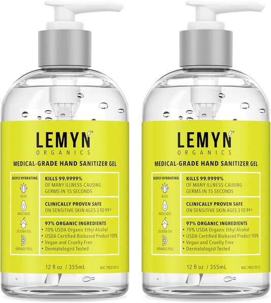 Medical Grade Hand Sanitizer Gel - 97% ORGANIC - 12 FL.OZ. (PACK OF 2)