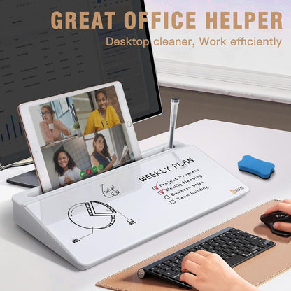 SELEAD Desktop Glass Whiteboard with Organizer & Built-in Mirror, Small Dry Erase White Board Computer Pad Keyboard Stand for Home, School, Office Desk Accessories - White