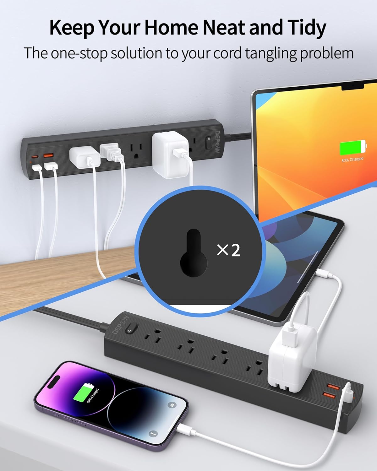 Black Surge Protector Power Strip, Ultra Thin 5 Ft Flat Plug Extension Cord, 1700 Joules, 5 Widely Spaced Outlets with 4 USB Ports (2USB-C), 1875W/15A, Wall Mount for Home Office, Black