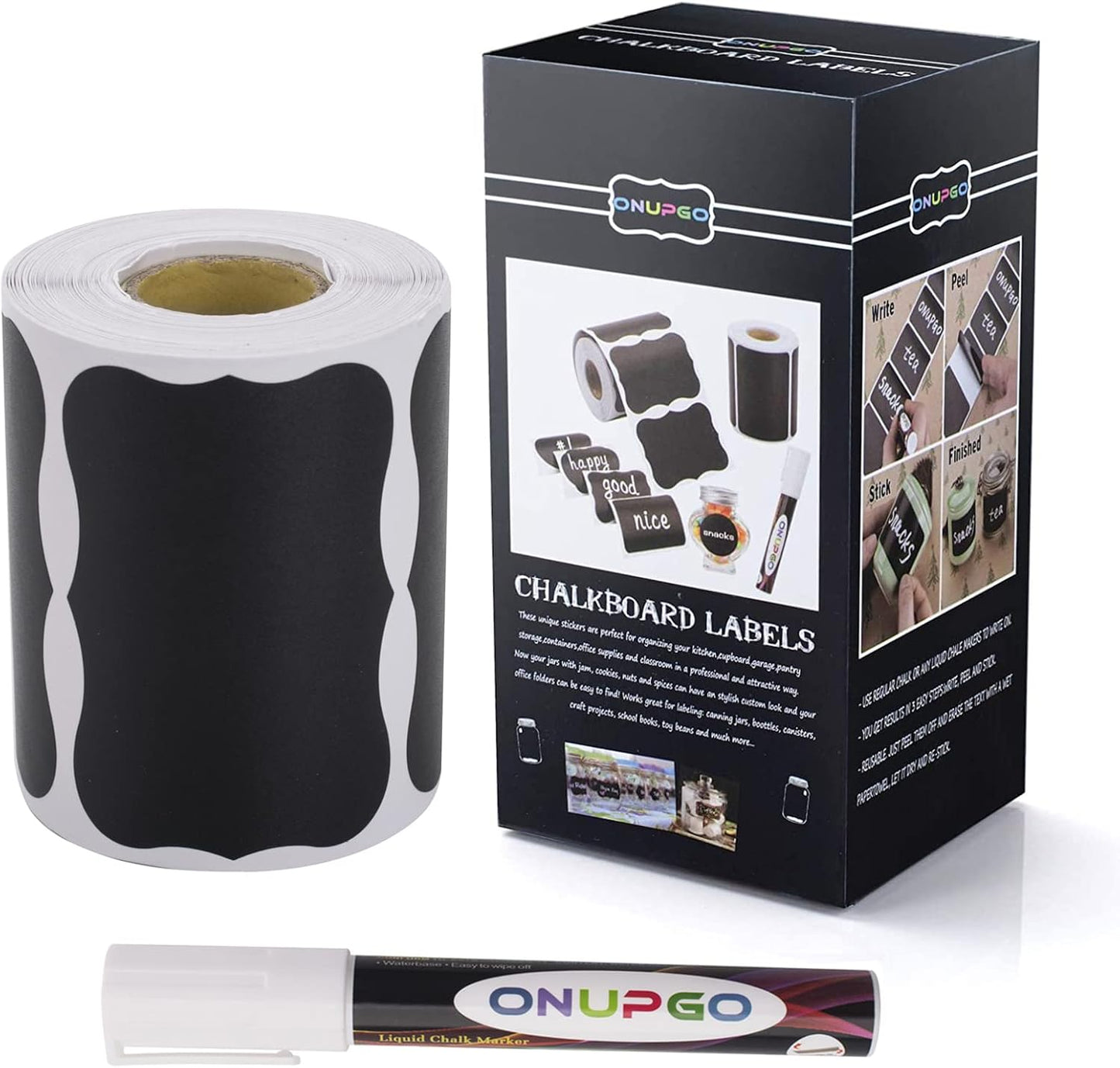 ONUPGO Chalkboard Labels-180pcs Waterproof Reusable Blackboard Stickers with 1 Liquid Chalk Marker for Mason Jars, Parties Decoration, Craft Rooms, Weddings, Storage, Organize Your Home & Kitchen