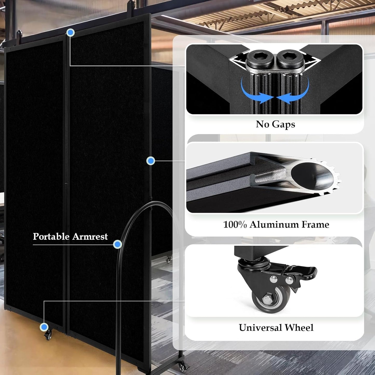 Folding Room Partition,Privacy Room Screen with Arms,Office Dividers Partition Wall,14'3"L* 6'7"H,Black