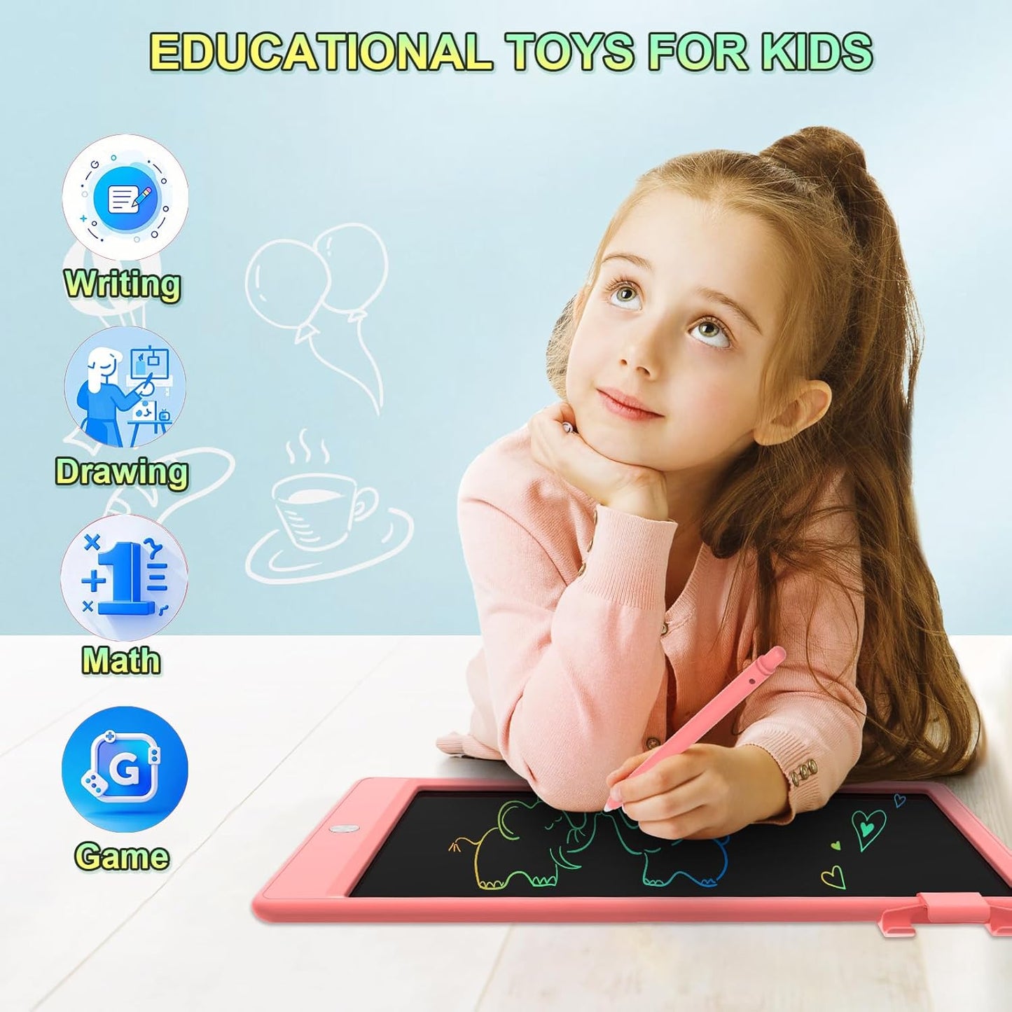 12.9 Inch LCD Writing Tablet for Kids, Colorful Toddler Doodle Board - Erasable Drawing Pad, Educational Learning Toy for Ages 3-8 - Valentine's Day Christmas Birthday Gifts (12.9 Inch, Pink)