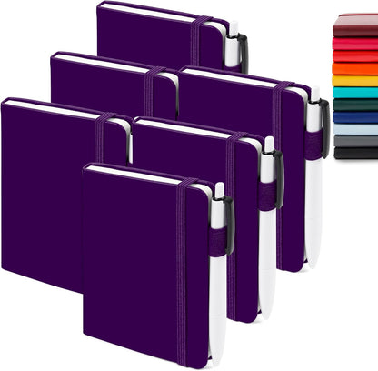 feela 6 Pack Pocket Mini Notebooks Bulk, Small Cute Memo Notepads Hardcover College Ruled Lined Journals with Pen Holder for School Business Work, with 6 Black Pens, 3.5”x 5.5”, A6, Purple