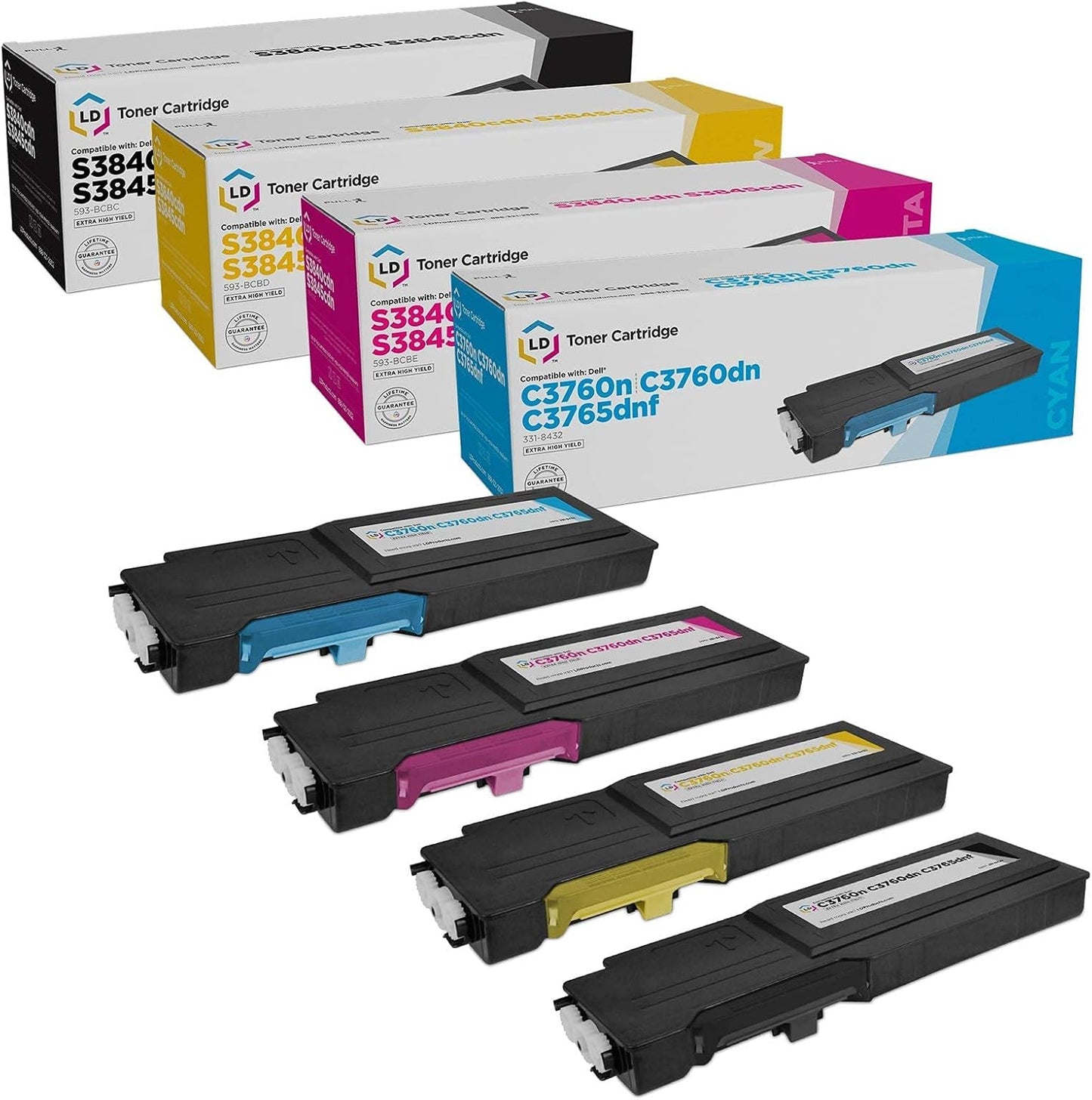 LD Products Compatible Toner Cartridge Replacements for Dell Color Laser C3760 C3765 Extra High Yield (331-8429 Black, 331-8432 Cyan, 331-8431 Magenta, 331-8430 Yellow, 4-Pack)