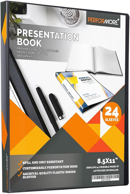 Performore 24-Pocket Presentation Book Folder | 8.5" x 11" Plastic Display Binder with Spill-Proof Clear Sleeves | Archival Acid-Free Portfolio for Certificates, Reports, and Documents (Black)