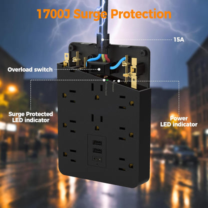 Surge Protector Power Strip Black, TESSAN Flat Plug Extension Cord 10 FT with 10 Widely AC Outlets 3 USB(1 USB C), 1700J Protection Multi Plug Charging Station for Home, Office, College Dorm Room