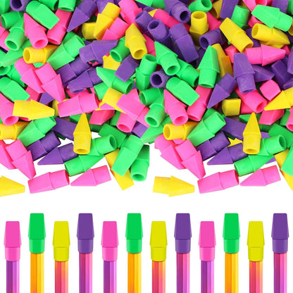 PRALB 200PCS Multicolor Pencil Top Eraser Caps - Bullet Tip Erasers in Pink, Purple, Green & Yellow | Bulk Pack for School, Office, Party Favors & Classroom Rewards