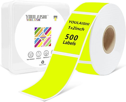 1x2 inch Label Stickers Roll for Thermal Printer 500PCS Colored Removable Freezer Labels Waterproof Blank Sticker Labels to Write on for Food Containers and Jars, Fluorescent Yellow