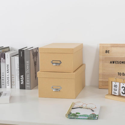 Soul & Lane Kraft Decorative Cardboard Storage Boxes with Lids, Set of 2 Stacking Keepsake Photo and Memory Boxes for Home & Office, Elegant Paperboard Organizers with Label Holders and Drawer Pulls