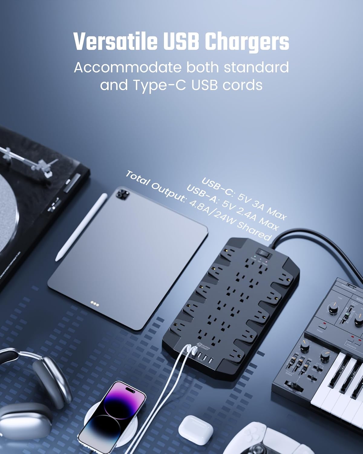 10 Ft Extension Cord Power Strips with Surge Protection, SUPERDANNY Surge Protector with 22 Outlets, 2 USB-C and 4 USB-A, 2100J, 10Ft Flat Plug Heavy Duty Extension Cord (1875W/15A) for Home, Office