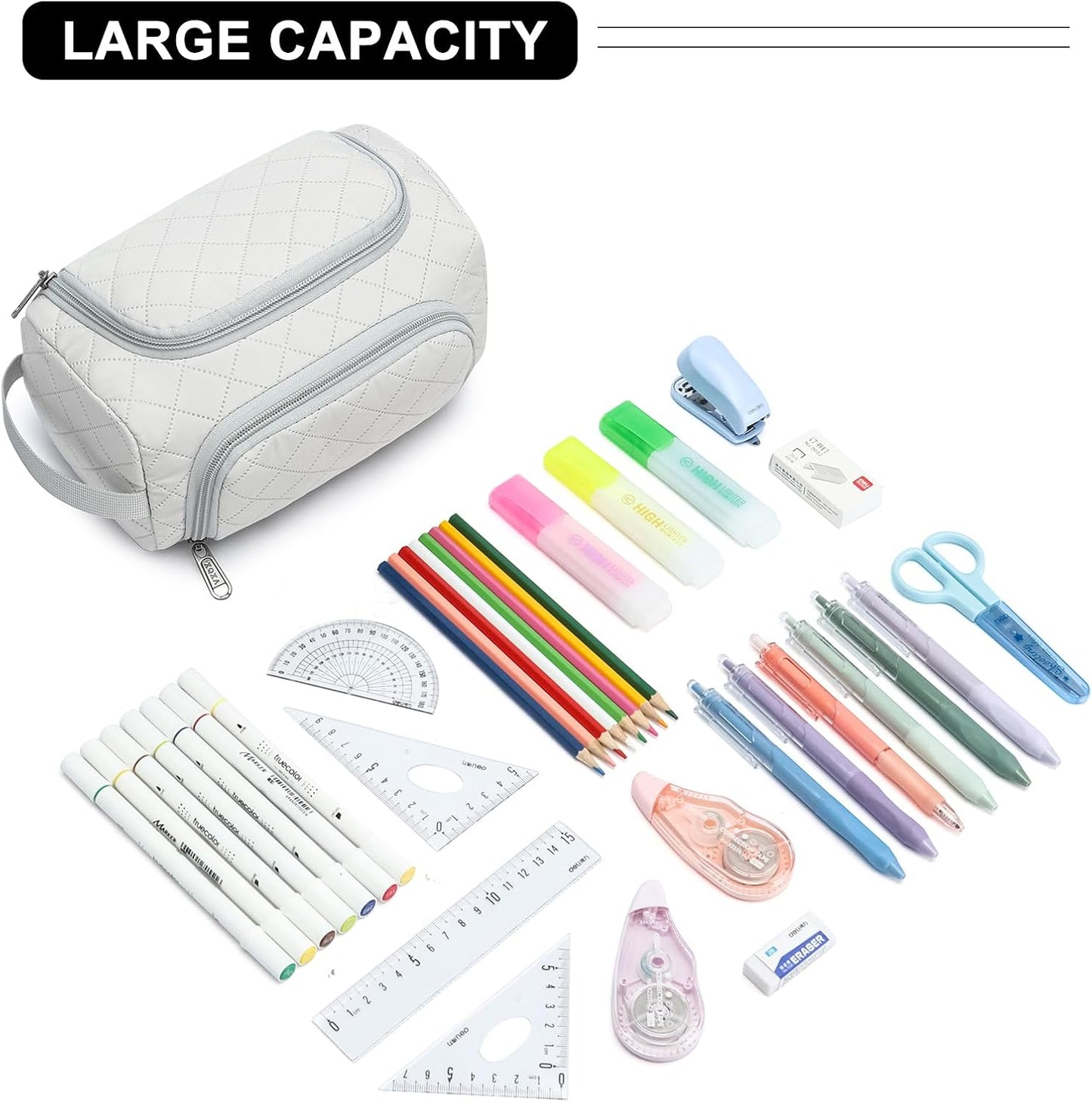 XQXA Extra Large Capacity Pencil Case Organizer, Multifunctional Pencil Pouch with Compartmens, Travel Pen Pouch Simple Stationery Pen Bag, Nylon Pencil Bag for Adults (Beige)