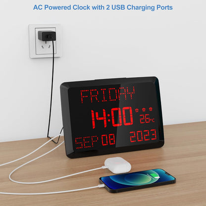 Raynic Digital Clock, 11.5" Large Display Digital Calendar Clock with Day and Date, Indoor Temperature, Adjustable Brightness, Snooze,12/24H, DST for Home, Office, Elderly