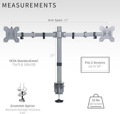 VIVO Dual Monitor Desk Mount, Heavy Duty Fully Adjustable Steel Stand, Holds 2 Computer Screens up to 30 inches and Max 22lbs Each, Gray Color, STAND-V002-GY