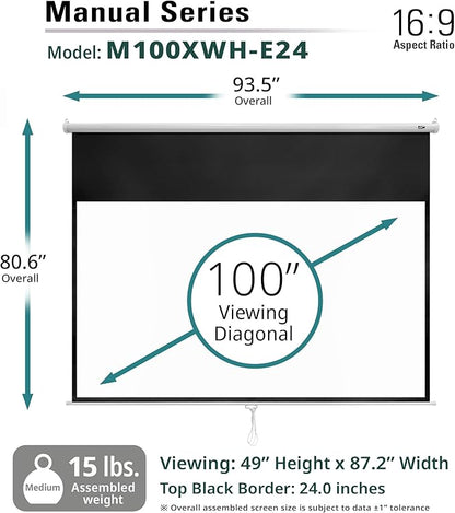 Elite Screens Manual Series, 100-INCH with 24" DROP, Pull Down Retractable Projector Screen, Movie Game Cinema, M100XWH-E24