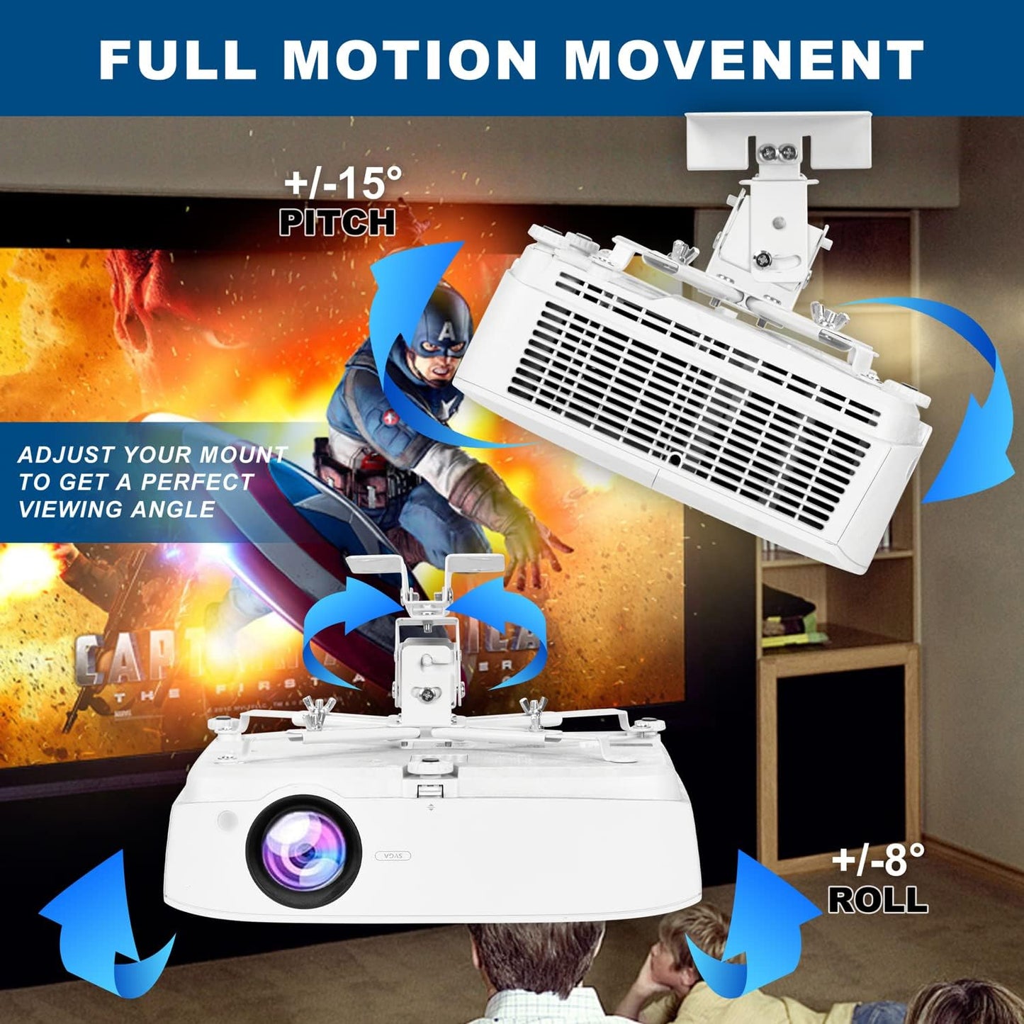 Adjustable Projector Ceiling/Wall Mount - 3-in-1 Universal Bracket for Projector Mounting, Universal Height Adjustable Mount Holder with Extension Pole