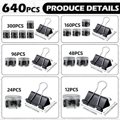 Yexiya 640 Pcs Binder Clips Paper Clamps Assorted Sizes Black, Metal Paper Binder Clips Combination Black Binding Paperwork Clamp Bulk 6 Sizes with Box School Teachers Office Supplies