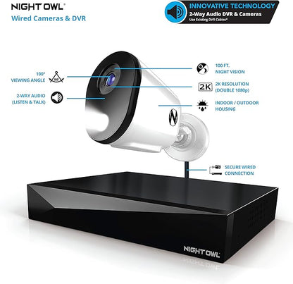 Night Owl 2-Way Audio 12 Channel DVR Video Home Security Camera System with (8) Wired 2K HD Indoor/Outdoor Deterrence Cameras and 2TB Hard Drive (Add up to 4 More Wired and 4 Wi-Fi Cameras) (8 Camera)