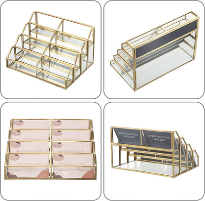 Hipiwe Mirrored Glass Business Card Holder Gold Business Card Display Stand for Desk Multiple Clear Business Card Holder Display for Office Desktop Cards Display Stand for Women Men, 8 Slots