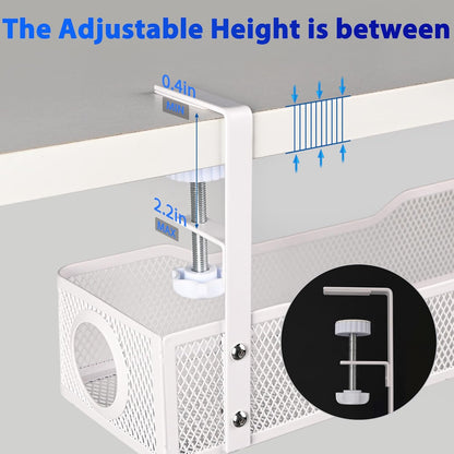 Clamp-On Under Desk Cable Management Tray – No Drill Metal Cord Organizer for Power Strips & Wires – Easy to Install Under Table Cable Holder (White)