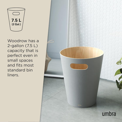 Umbra Woodrow, 2 Gallon Modern Wooden Trash Can Wastebasket or Recycling Bin for Home or Office, Grey (082780-918)