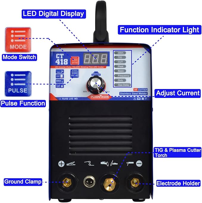 CT418 3-IN-1 110V/220V Multifunctional Plasma Cutter Welder Combo Machine,40A Plasma Cutter/180A Lift TIG/180A Stick Welder,2/5" Clean Cut Digital Display IGBT Plasma Cutting Equipment