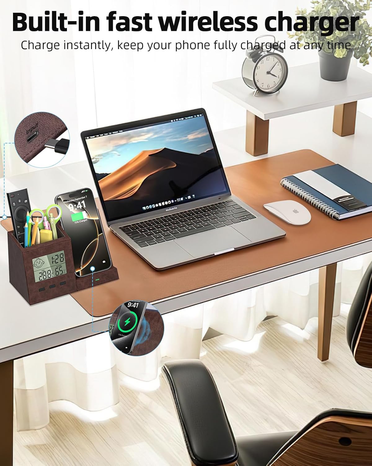 Multifunctional Pen Holder and Organizer for Desk with Wireless Charger, Digital Indoor Thermometer and Humidity Gauge, Home Office Organizers and Storage (Battery Included)