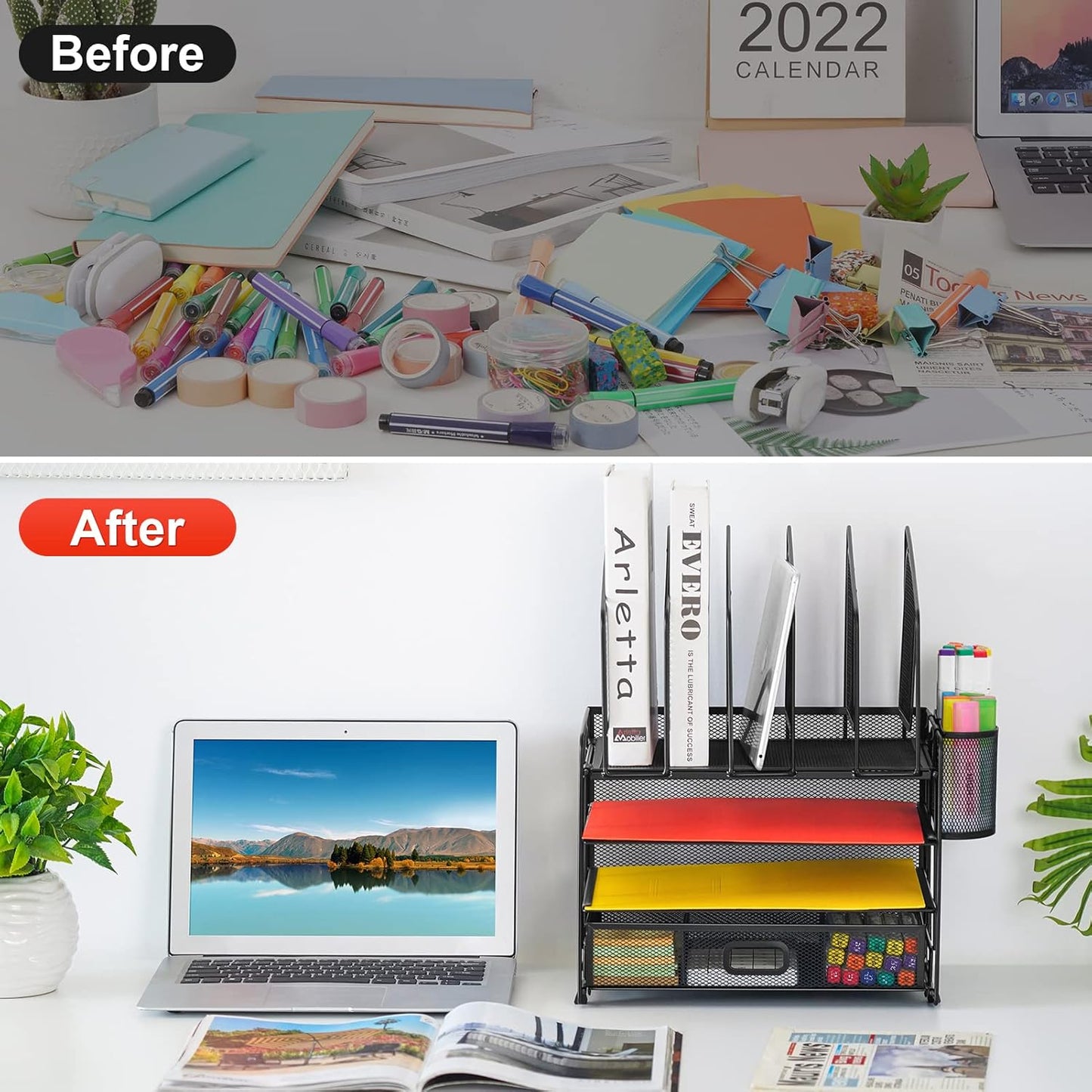 Marbrasse Desk organizer with Drawer, 4-Tier Mesh File Organizer with 5 Vertical File Holders and 2 Pen Holders, Multifunction Desktop Organizer,Desk Organizers and Accessories for Home Office