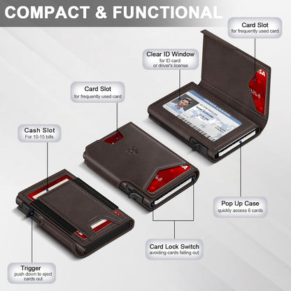 Wallet for Men Wallet with Slim Pop Up Card Holder 9-13 Cards, Bifold Minimalist Smart Wallet RFID Blocking Credit Card Holder with ID Window & Stretchable Cash Slot Compact Metal Aluminum Card Case